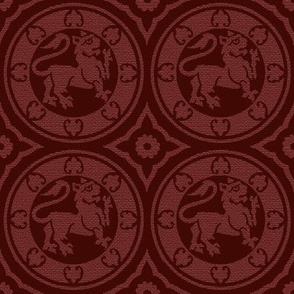 Medieval Lions in Circles, Dark Red