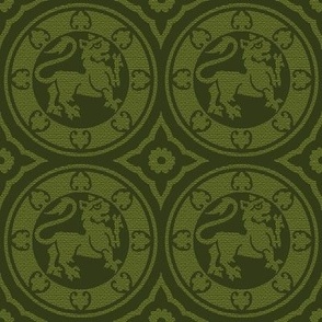 Medieval Lions in Circles, Warm Green