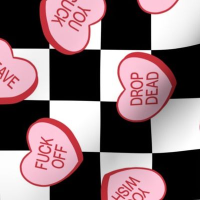 Anti Valentine Sweary Conversation Hearts Checker Background Rotated- Large Scale