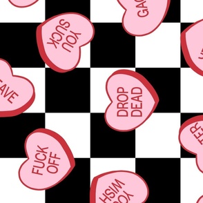 Anti Valentine Sweary Conversation Hearts Checker Background Rotated - XL Scale