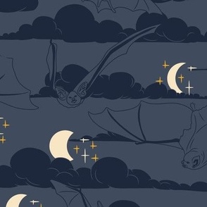 Medium Art Nouveau Halloween Bats in the Night Sky River Bed Blue Grey Background