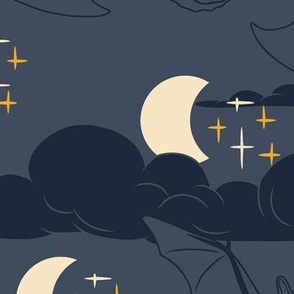 Large Art Nouveau Halloween Bats in the Night Sky River Bed Blue Grey Background