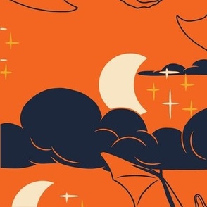 Large Art Nouveau Halloween Bats in the Night in a Bright Orange Background