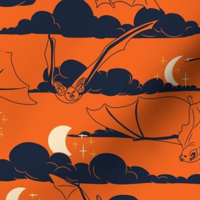 Medium Art Nouveau Halloween Bats in the Night in a Bright Orange Background