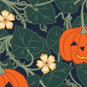 Large Art Nouveau Halloween Jack-O-Lantern Pumpkin Patch with Midnight Blue Background