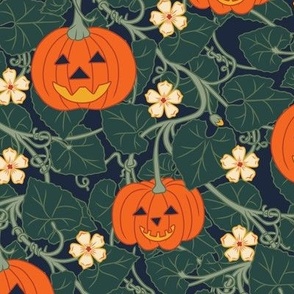 Medium Art Nouveau Halloween Jack-O-Lantern Pumpkin Patch with Midnight Blue Background