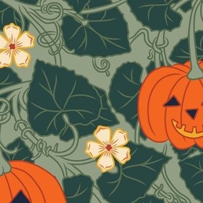 Large Art Nouveau Halloween Jack-O-Lantern Pumpkin Patch with Sage Green Background.