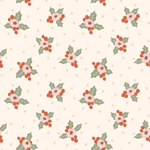 Christmas rose and cherries - baby pink, sage green, red and pink // medium scale