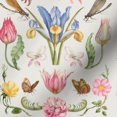  The Model Book of Calligraphy Joris Hoefnagel - Mira Calligraphiae Monumenta- 
hand painted antiqued  flemish flowers of all kinds Study of all blue yellow and pink antiqued flower beige