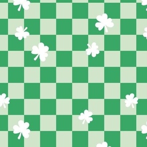 Messy shamrock - lucky st Paddies checkerboard design irish gingham plaid clover leaf mint green white