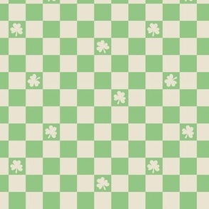 Groovy seventies check - random shamrock st patrick's day irish checker plaid design summer apple green on cream beige
