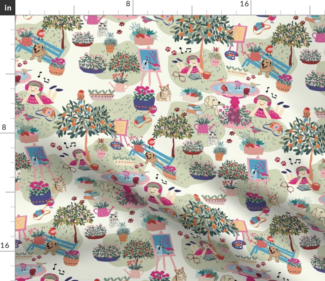 In the garden, dogs, cats, bird Bath//medium scale//wallpaper//home decor//fabric 