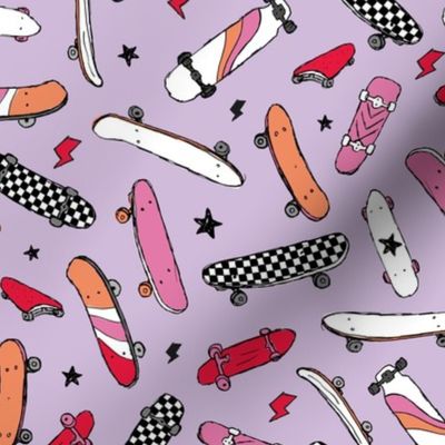 Skateboards and thunder - cool skateboarding peace and stars design vintage style pink lilac red girls bright nineties palette 