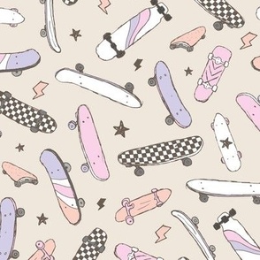 Skateboards and thunder - cool skateboarding peace and stars design vintage style soft pastel pink lilac on sand 