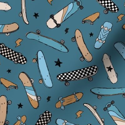 Skateboards and thunder - cool skateboarding peace and stars design vintage style cool blue ochre yellow on blue 