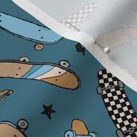 Skateboards and thunder - cool skateboarding peace and stars design vintage style cool blue ochre yellow on blue 