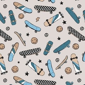 Skateboards and smiley faces - cool skateboarding peace and stars design vintage style cool blue beige on sand 