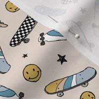 Skateboards and smiley faces - cool skateboarding peace and stars checker design vintage style cool blue yellow on sand