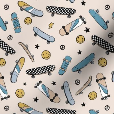 Skateboards and smiley faces - cool skateboarding peace and stars checker design vintage style cool blue yellow on sand