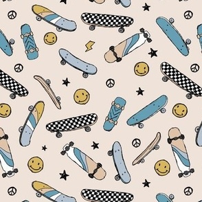 Skateboards and smiley faces - cool skateboarding peace and stars checker design vintage style cool blue yellow on sand