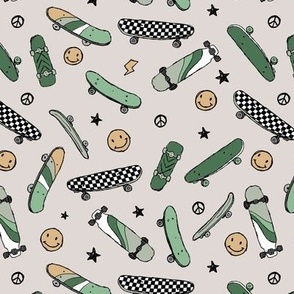 Skateboards and smiley faces - cool skateboarding peace and stars checker design vintage style green mint on beige