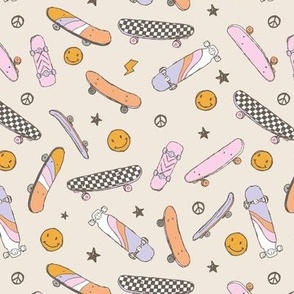 Skateboards and smiley faces - cool skateboarding peace and stars checker design vintage style lilac pink peach on sand