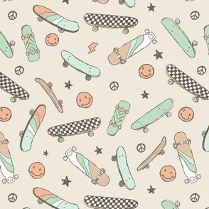 Skateboards and smiley faces - cool skateboarding peace and stars checker design vintage style mint beige on sand
