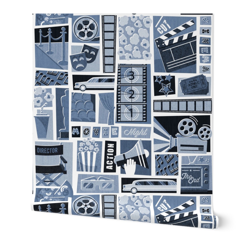 Large jumbo scale // Movie night // white background monochromatic cyanotype film and cinema motifs