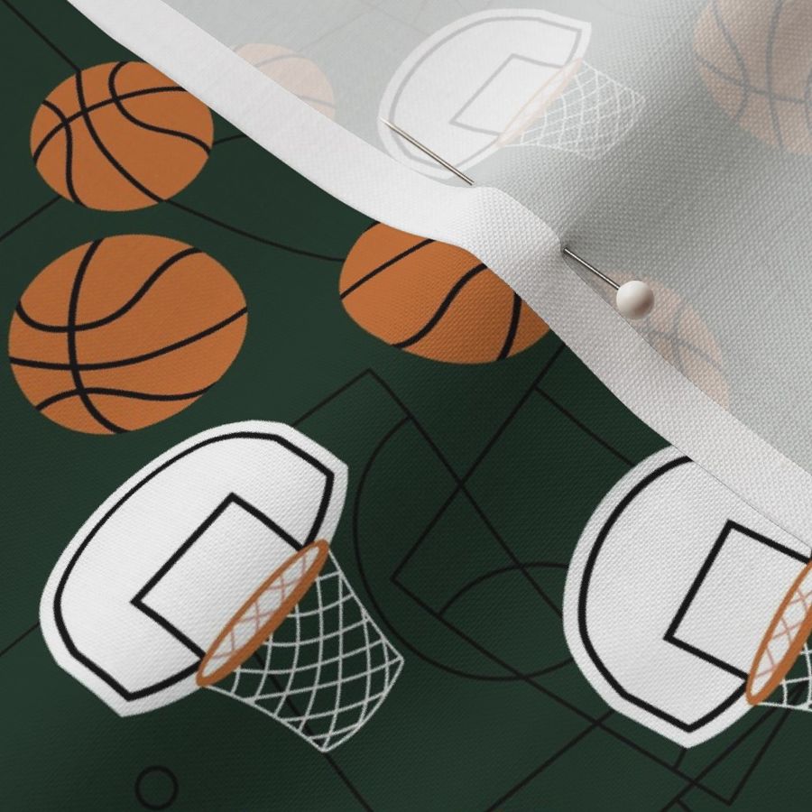 Basketball court - balls ring hoops and bucket sports design orange white on pine green