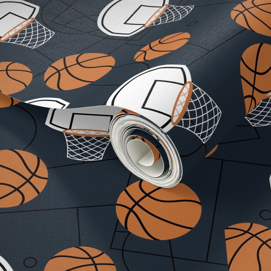 Basketball court - balls ring hoops and bucket sports design orange white on navy blue