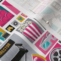Small // Movie night // white background yellow pink and teal film and cinema motifs