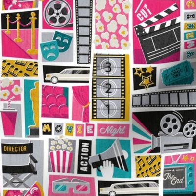 Small // Movie night // white background yellow pink and teal film and cinema motifs