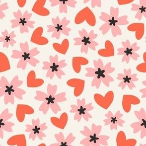 Love Hearts & Sakura Cherry Blossom Floral | Regular Scale | Orange-Red & Pink