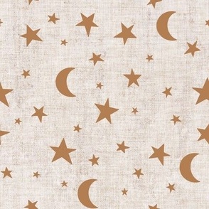 Stars and Moon on Beige Washed Out Linen Texture