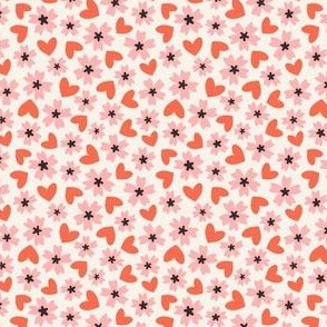 Love hearts & Sakura Cherry Blossom Floral | Small Scale Ditsy | Orange-Red & Pink