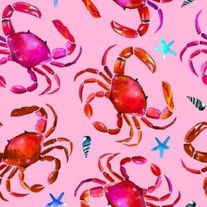 Watercolor Crab on Pink with Shells
