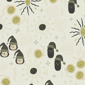 Mid-Century Xmas time clock gnomes in black olive green citrine on beige