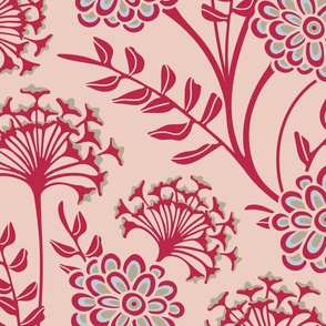 Danube Retro Vintage Zinnia Cow Parsley Floral in Viva Magenta on Pale Dogwood and Ignite Color Palette - LARGE Scale - UnBlink Studio by Jackie Tahara