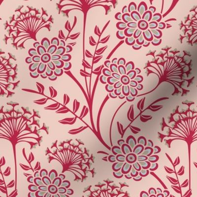 Danube Retro Vintage Zinnia Cow Parsley Floral in Viva Magenta on Pale Dogwood and Ignite Color Palette - SMALL Scale - UnBlink Studio by Jackie Tahara