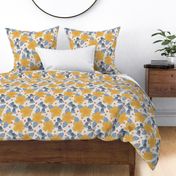 Abstract Fall Floral in Gold, Blue, and Orange on Cream - Large Scale