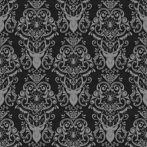 STAG PARTY DAMASK -  LIGHT GRAY AND CHARCOAL GRAY ON BURLAP, MEDIUM SCALE