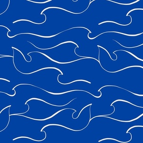 MEDIUM - Matisse line art Sea Waves 2. White on Blue