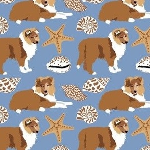 Collie dog puppies and sea shells star fish ocean beach dogs fabric