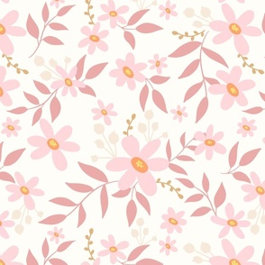 Pink Floral Blooms on Cream Large