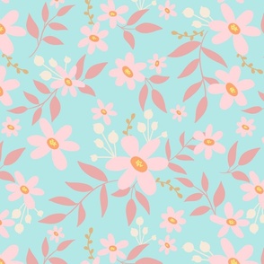 Pink Floral Blooms on Mint Large