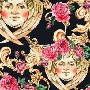 Floral cupid baroque inspiration on black
