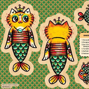 Cut N Sew Nautical Mermaid Doll | Kittens Purrmaid Tattoos with Fish in Traditional Tan Natural
