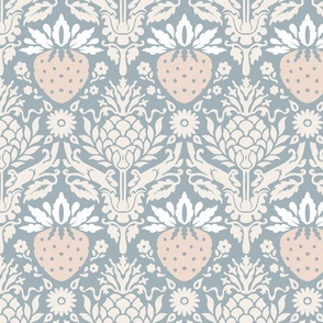 strawberry fields damask muted pink on pale blue | large