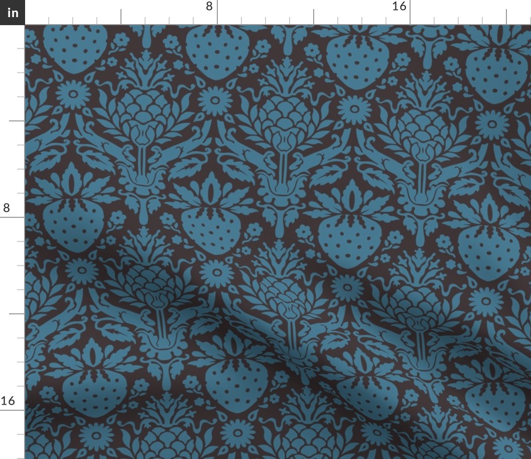 strawberry fields damask blue on dark gray | medium