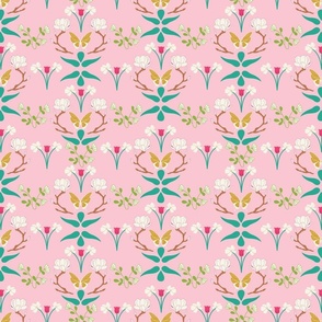 Baby Pink magnolia floral garden with butterflies